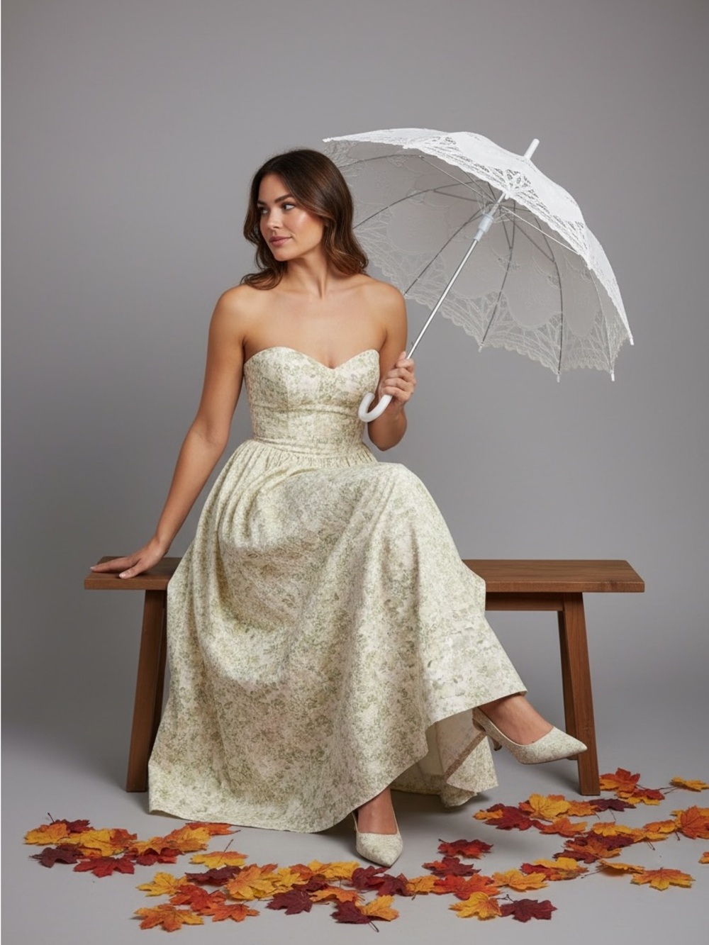 Strapless Floral A-Line Maxi Dress in Light Green flower